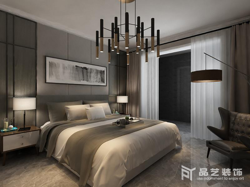 卧室色调暗沉，<a href='http://0nqt8.daxiangpenhui.com'>yobo体育全站app</a>选择大量的灰色和中性色来装饰空间，让生活多了份素静；黄铜管式设计得吊灯具有工业气息，搭配落地灯和家具，让空间充斥着温馨。