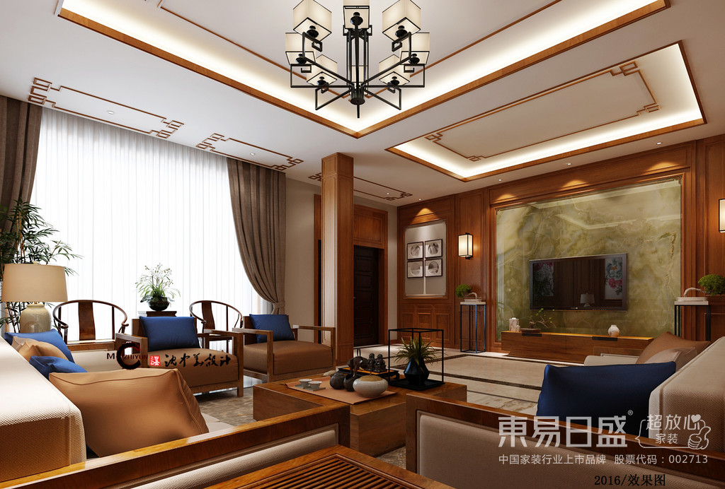 浅褐色的窗帘配上棕色的家具，在加上吊顶方正的线条，让进入的客人感受到主家的沉稳与大气