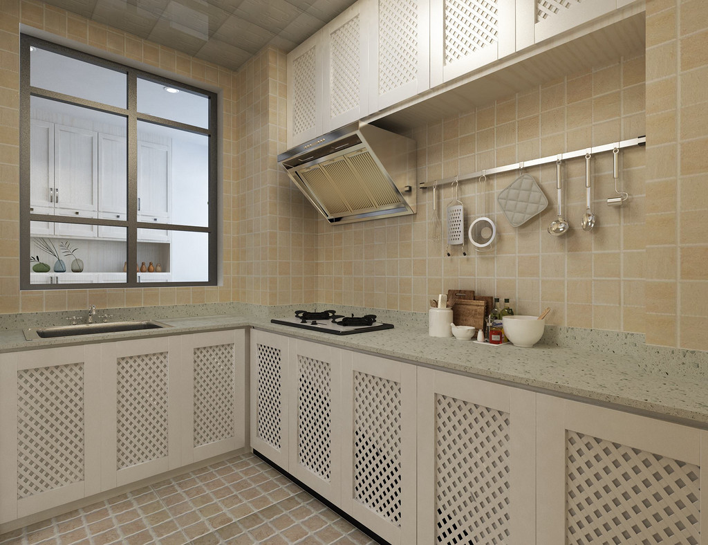 厨房操作率极高，容纳量大。厨房墙壁铺贴米黄色瓷砖，温馨舒适。