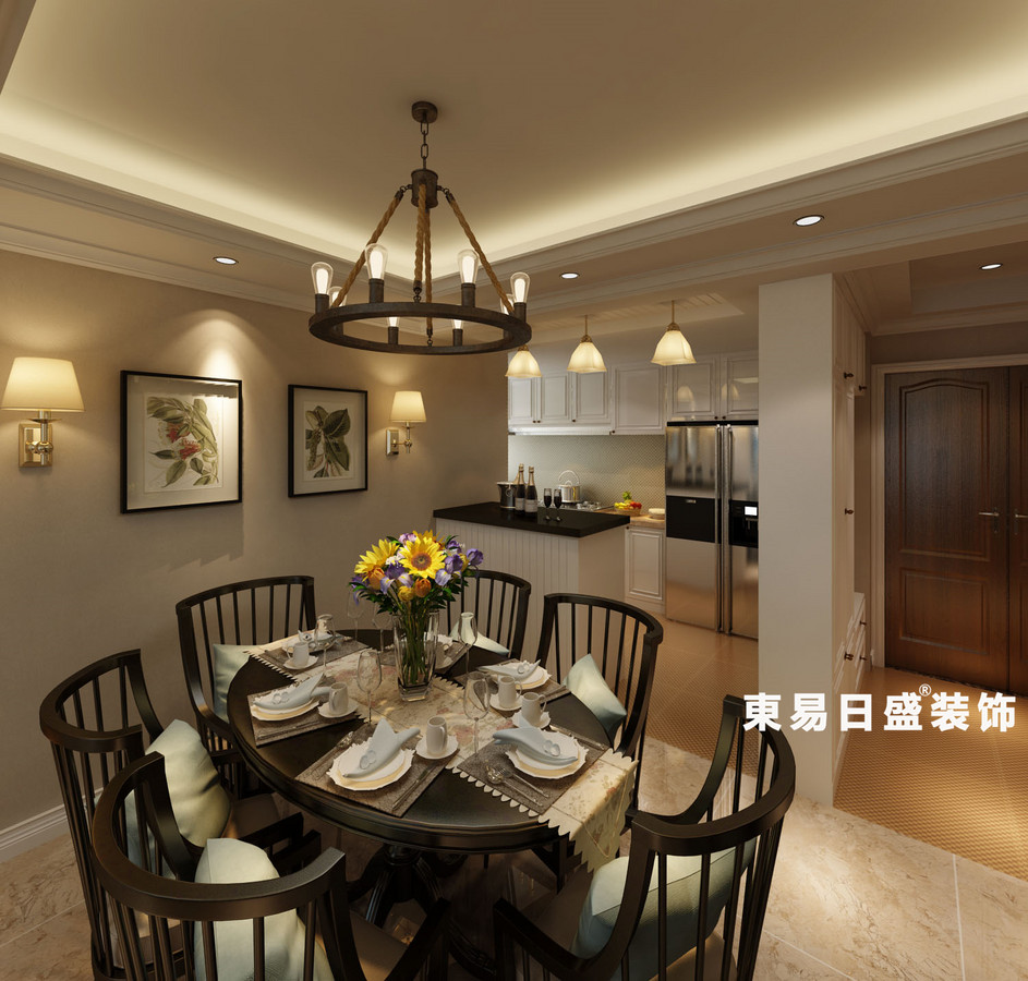 桂林悠山郡三居室130㎡美式风格：厨房餐厅装修设计效果图