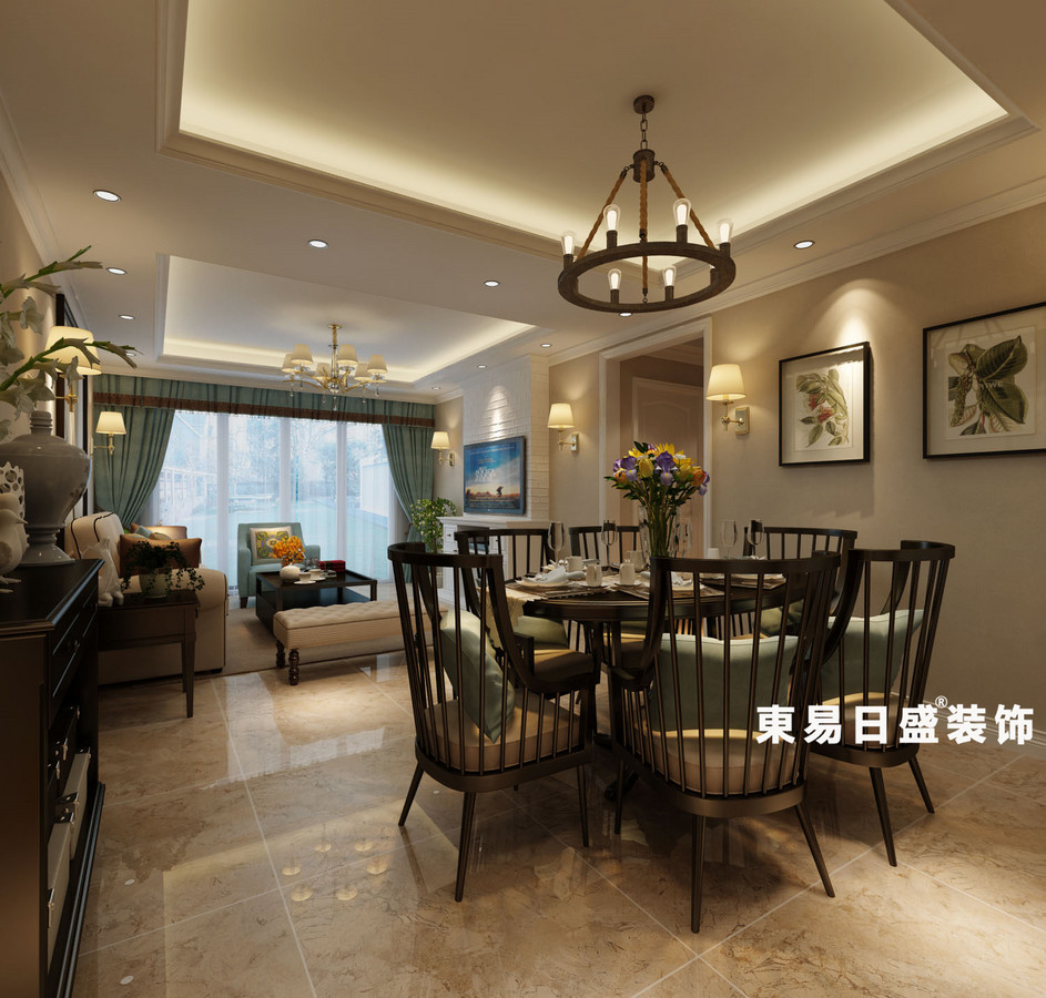 桂林悠山郡三居室130㎡美式风格：餐厅装修设计效果图