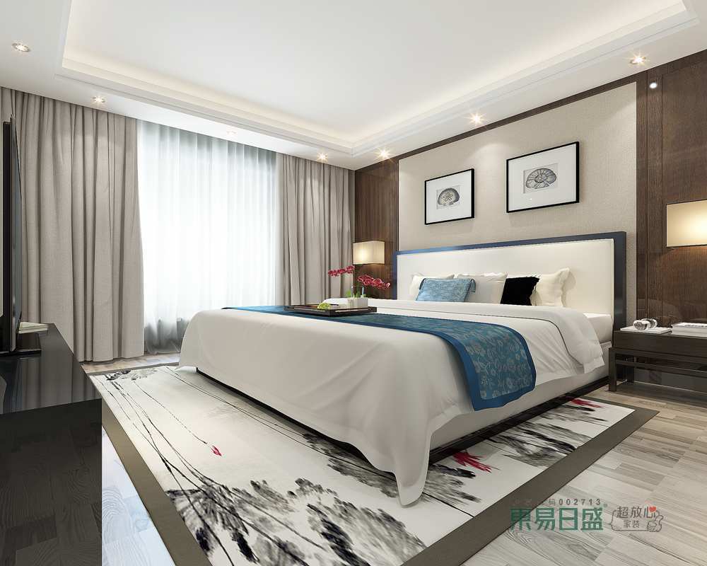 卧室以浅驼色和褐色木材为墙面来框裱，留白的画作点缀其间，与灰墨地毯构成新中式素雅；浅驼色窗帘和蓝白的床品带着纯净和优雅，让空间更为和静舒适。