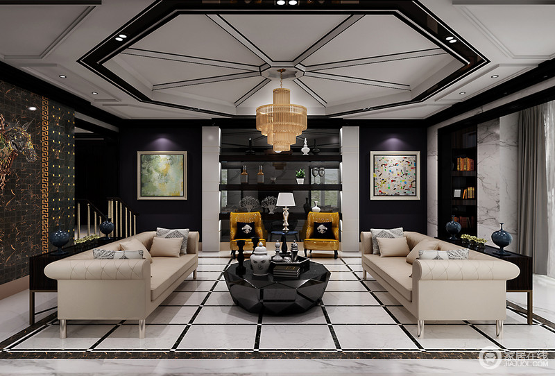 客厅多边形吊顶以黑白的色调演绎摩登,花式设