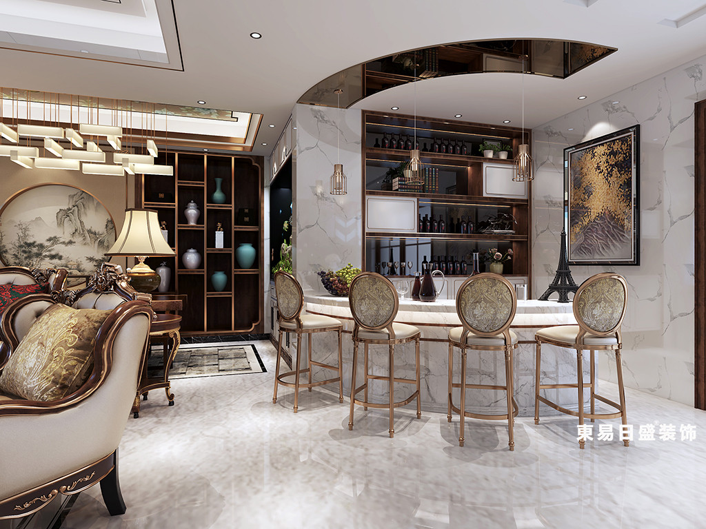 桂林金地怡和东岸复式楼320㎡欧式混搭风格：客厅吧台装修设计效果图