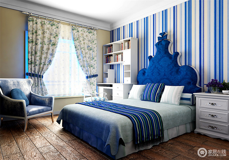 营造出生动自然清灵;蓝色复古床头富贵感十足,与白色家具形映成趣,而