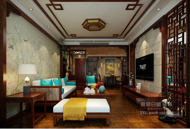 临沂滨河国际新中式客厅装修效果图全景
