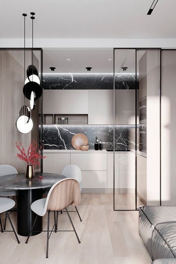 廚房與客廳用玻璃移門分隔

燈帶的設計增加了空間的靈動感

