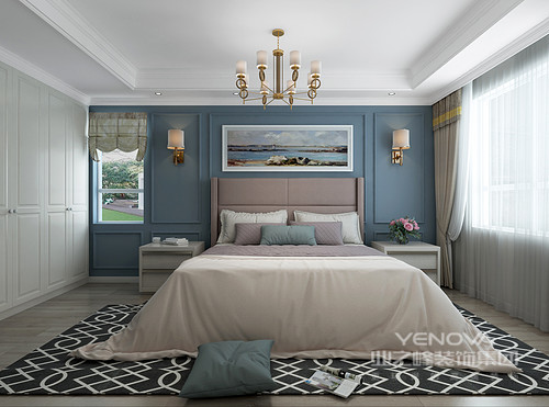 进入卧室有一种淡淡的浪漫温馨之感，高级的灰蓝色让主人可以放松心情，尽快的进入睡眠；床头柜的抽屉为你增加一个收纳，搭配黑底白色几何的地毯，带来一种是时尚，同时，也呼应着白色衣柜，足显空间的色彩艺术，足以让主人体验现代美式的温馨。