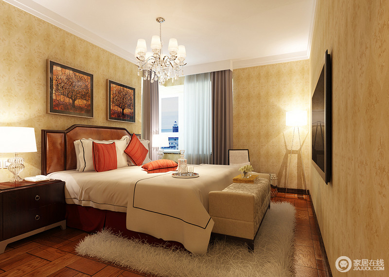 卧室以米黄色壁纸来营造温馨感,与原木地板提