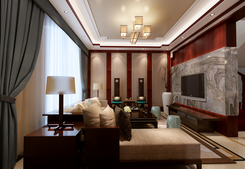名仕溫泉國際城別墅-新中式風格-一樓客廳效果圖2