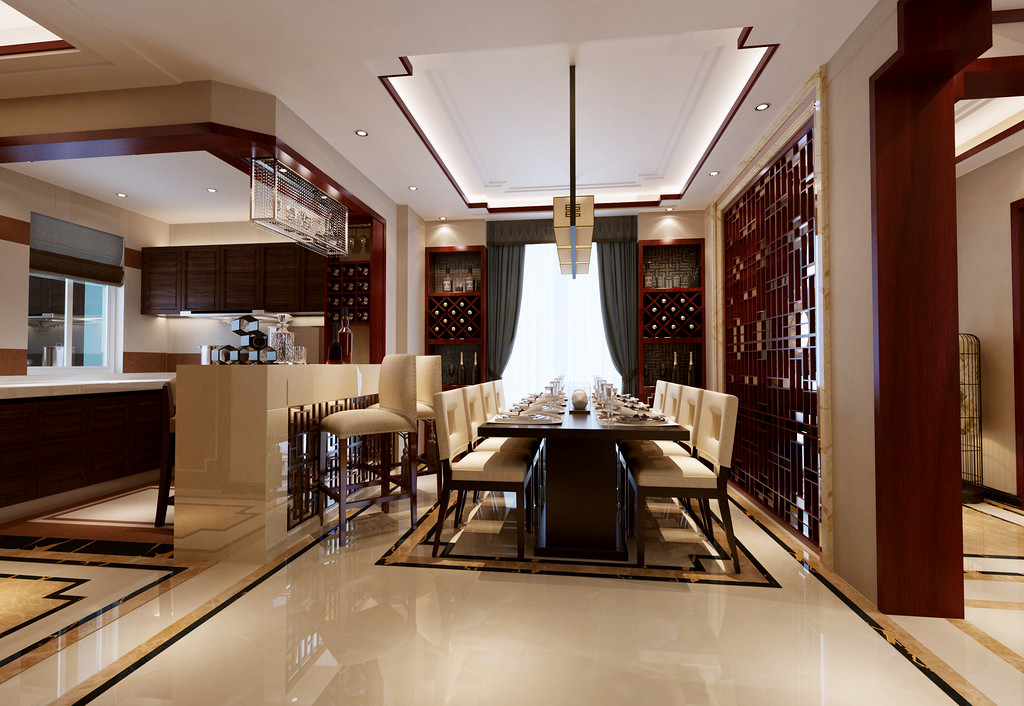 名仕温泉国际城别墅-新中式风格-一楼餐厅与厨房效果图