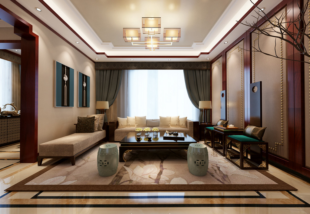 名仕溫泉國際城別墅-新中式風格-一樓客廳效果圖1