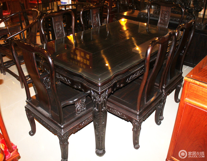 裕丰红木 y368清式黑檀雕龙餐桌图片